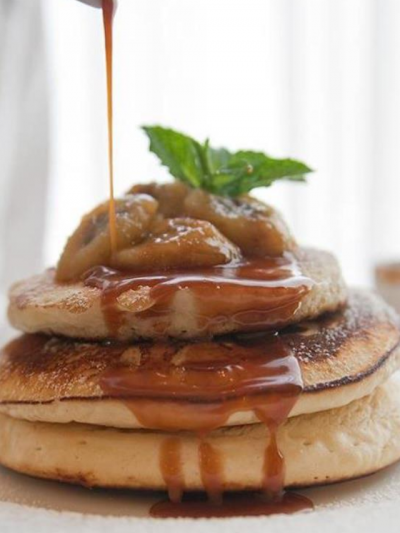 Cannoli Pancakes, Pistachios, Ricotta, Chocolate, Drizzled with Bitter Orange Syrup