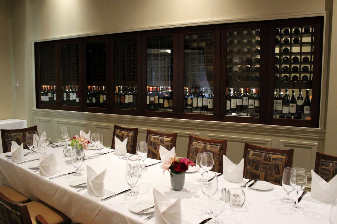 The Wine Room, which features a view into Davio's wine cellar along one wall, holds 20 for a seated dinner with a single long table